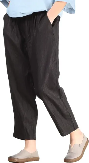 LaovanIn Women's Linen Cropped Pants Tapered Ankle Capris Trousers Elastic Waist