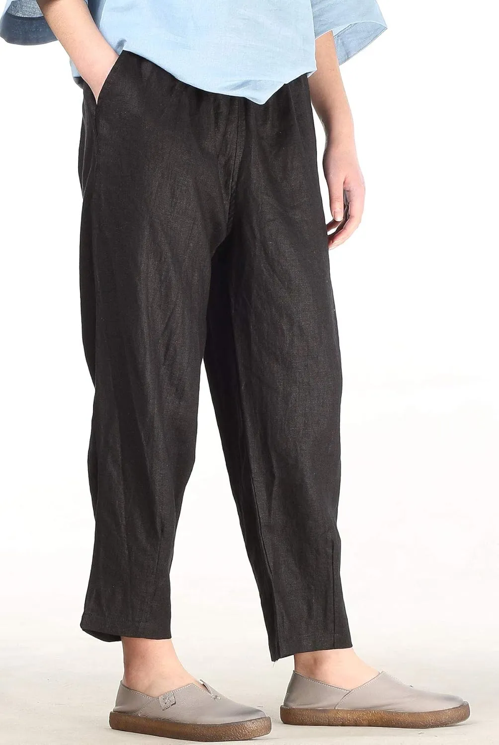 LaovanIn Women's Linen Cropped Pants Tapered Ankle Capris Trousers Elastic Waist