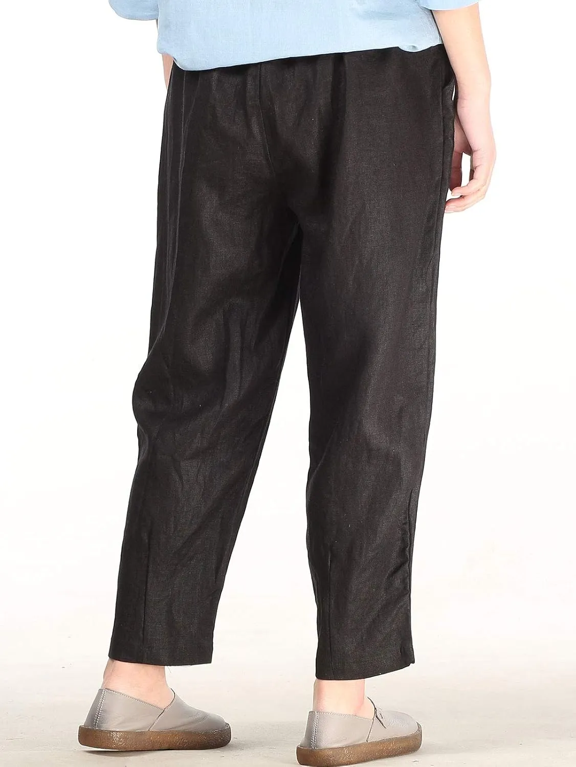 LaovanIn Women's Linen Cropped Pants Tapered Ankle Capris Trousers Elastic Waist