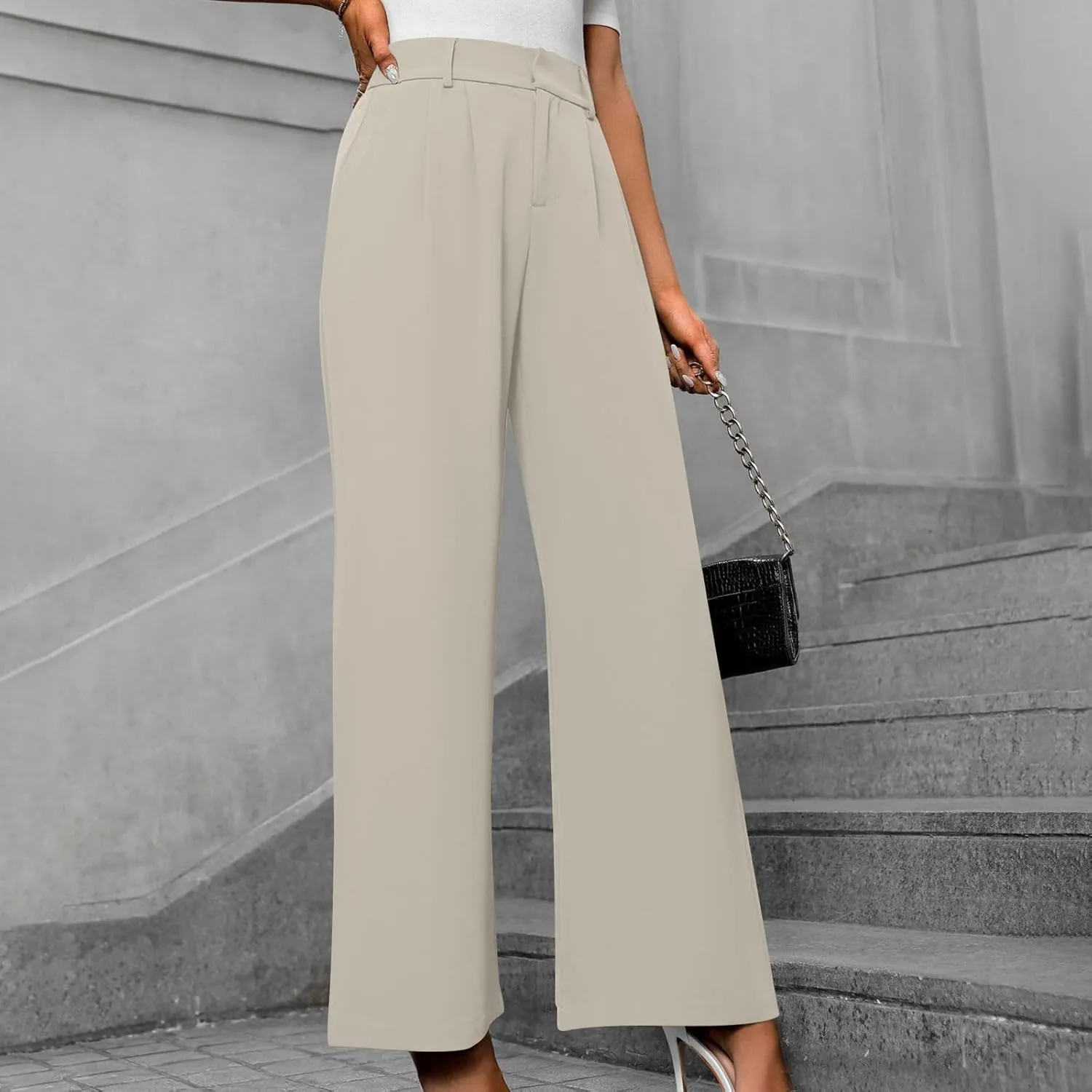Lastesso Pants for Women Solid Straight Wide Leg Trousers with Pcoekts High Waisted Baggy Business Casual Suit Pants