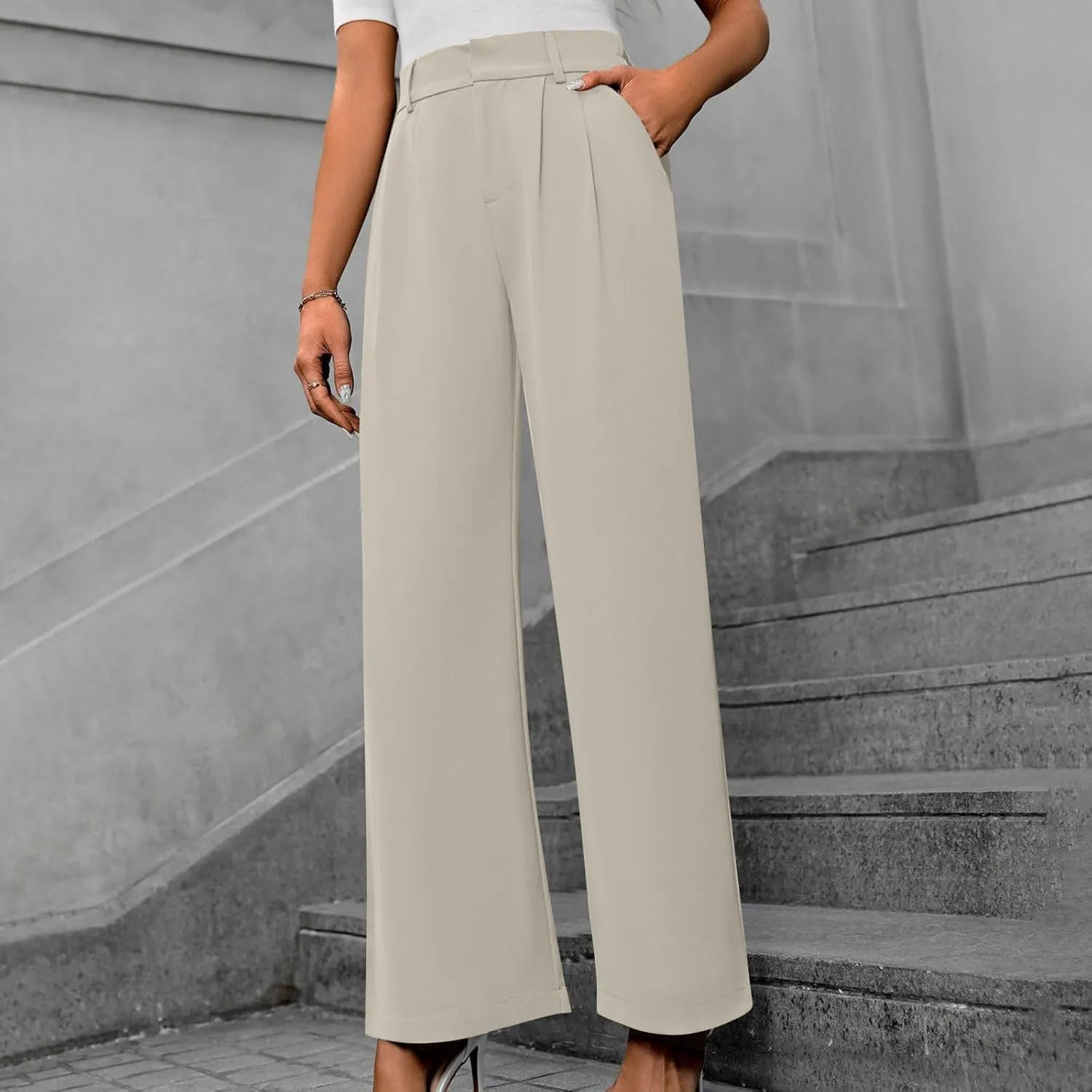 Lastesso Pants for Women Solid Straight Wide Leg Trousers with Pcoekts High Waisted Baggy Business Casual Suit Pants