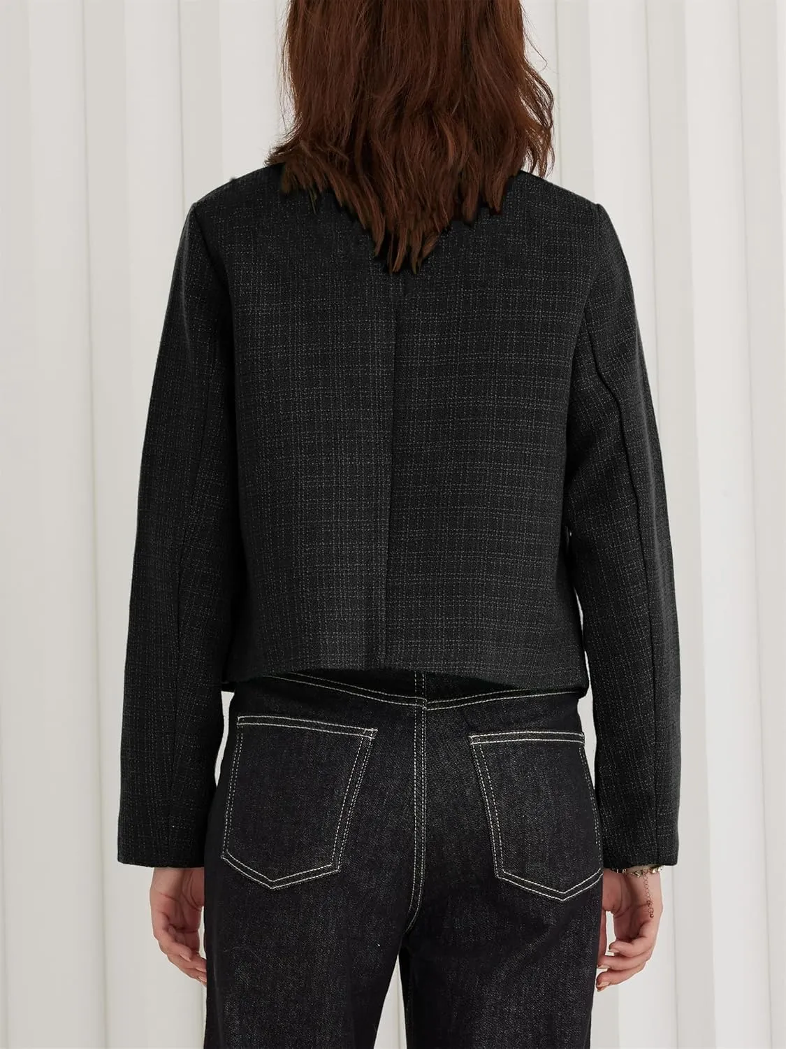 LifeShe Tweed Jacket Women Cropped Long Sleeve Work Blazers Fall Casual Open Front Office Coats