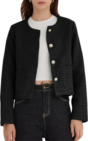 LifeShe Tweed Jacket Women Cropped Long Sleeve Work Blazers Fall Casual Open Front Office Coats