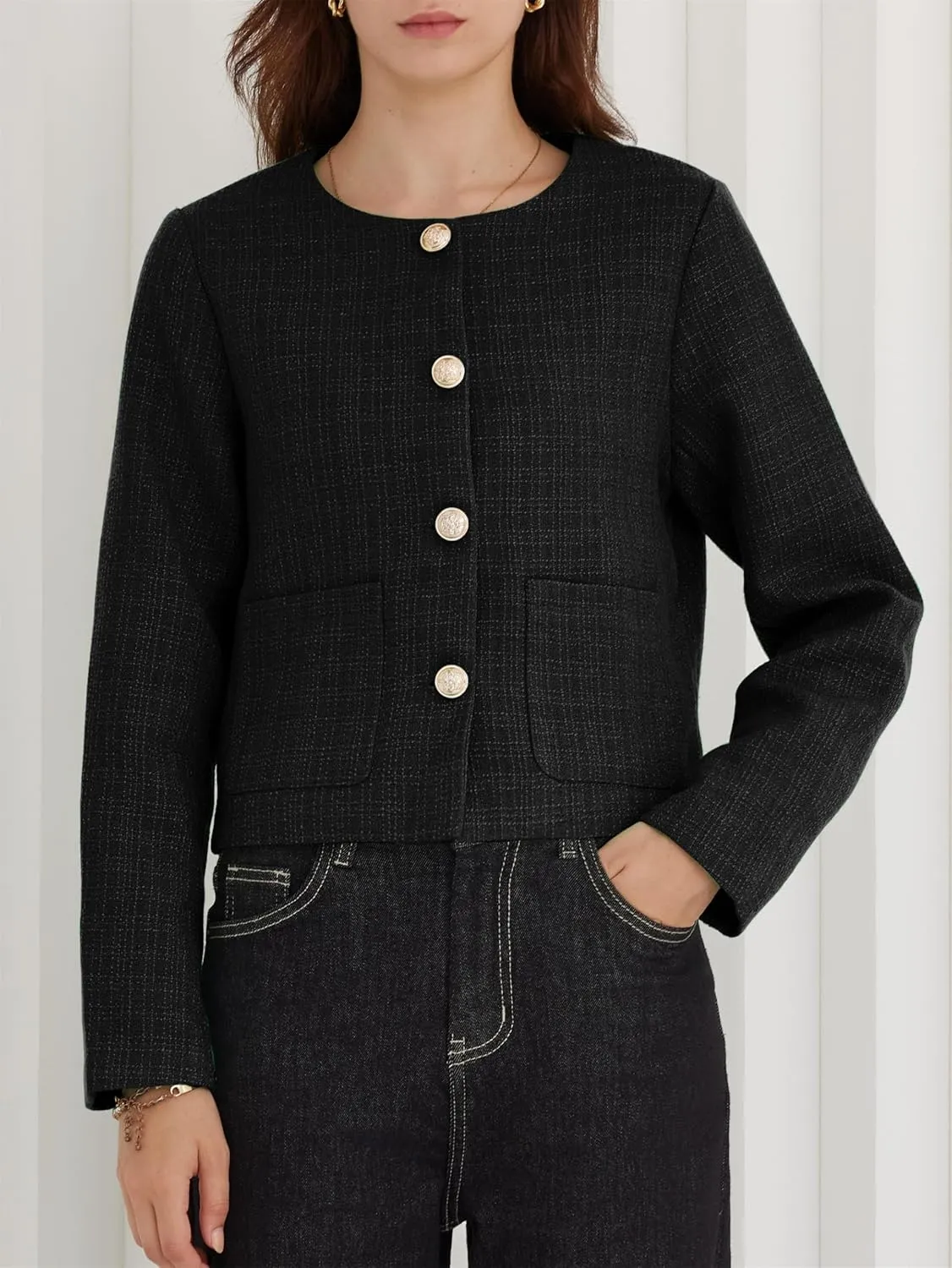 LifeShe Tweed Jacket Women Cropped Long Sleeve Work Blazers Fall Casual Open Front Office Coats