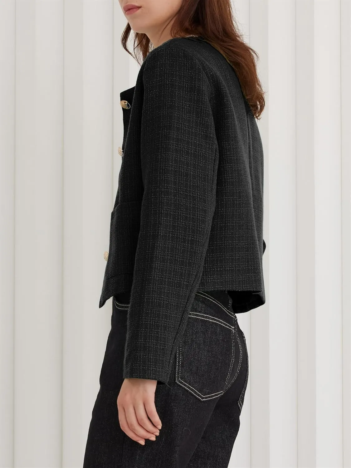 LifeShe Tweed Jacket Women Cropped Long Sleeve Work Blazers Fall Casual Open Front Office Coats