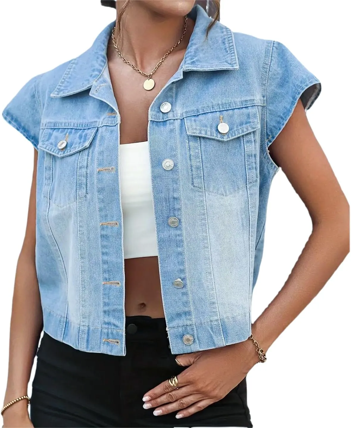 LifeShe Womens Vintage Denim Vest Button Down Short Sleeve Jean Waistcoat Jacket
