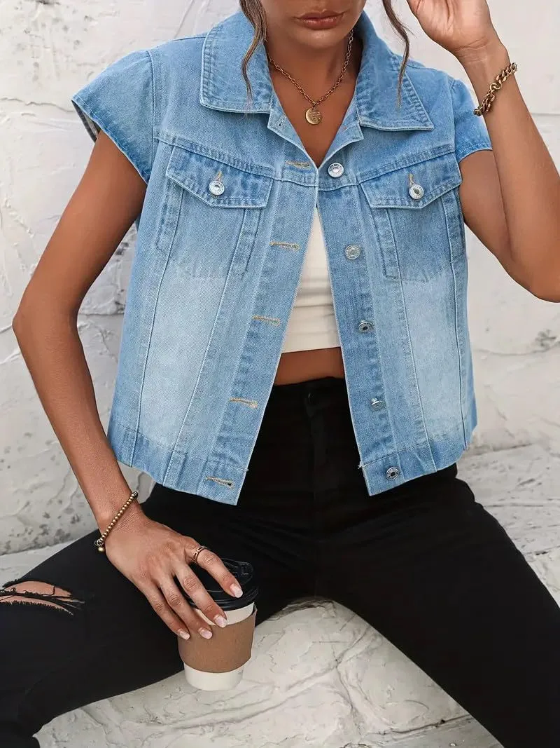 LifeShe Womens Vintage Denim Vest Button Down Short Sleeve Jean Waistcoat Jacket