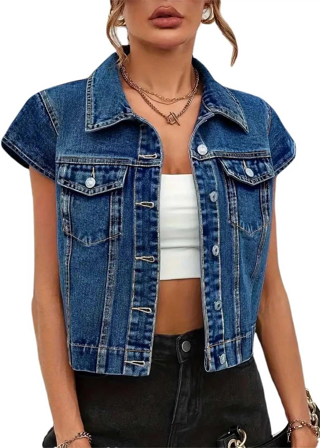 LifeShe Womens Vintage Denim Vest Button Down Short Sleeve Jean Waistcoat Jacket