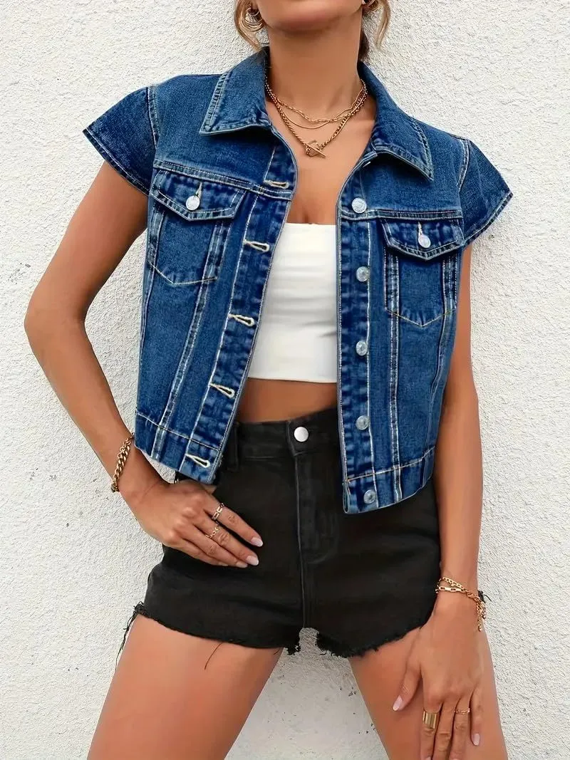 LifeShe Womens Vintage Denim Vest Button Down Short Sleeve Jean Waistcoat Jacket