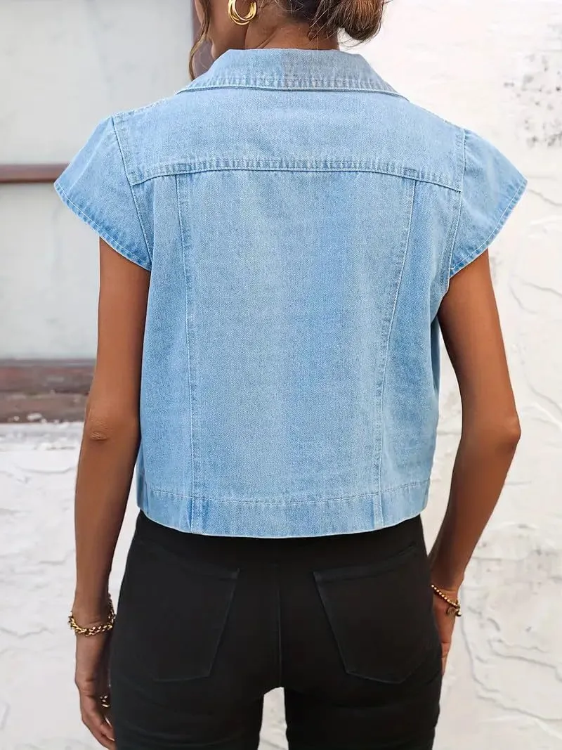 LifeShe Womens Vintage Denim Vest Button Down Short Sleeve Jean Waistcoat Jacket