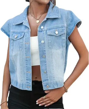 LifeShe Womens Vintage Denim Vest Button Down Short Sleeve Jean Waistcoat Jacket