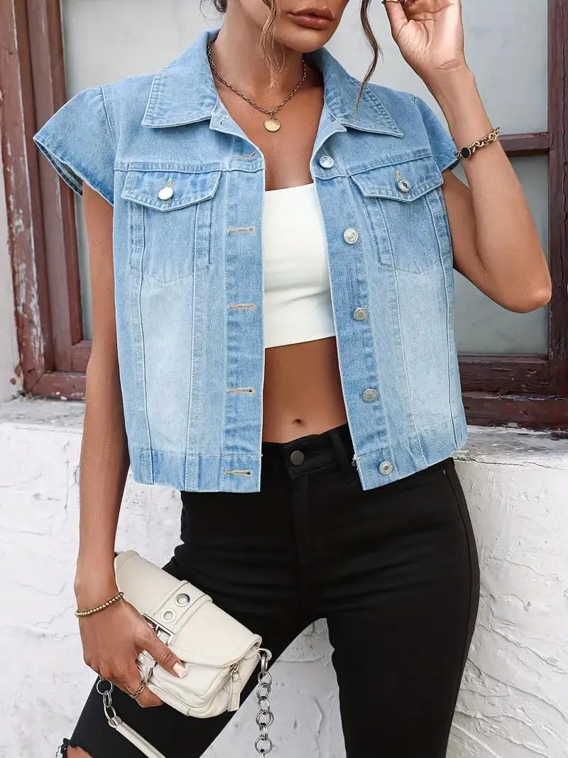LifeShe Womens Vintage Denim Vest Button Down Short Sleeve Jean Waistcoat Jacket