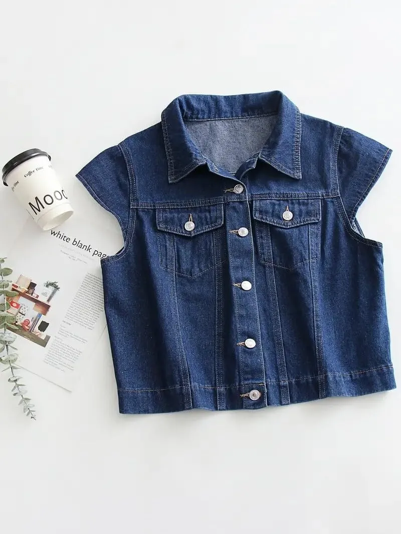 LifeShe Womens Vintage Denim Vest Button Down Short Sleeve Jean Waistcoat Jacket