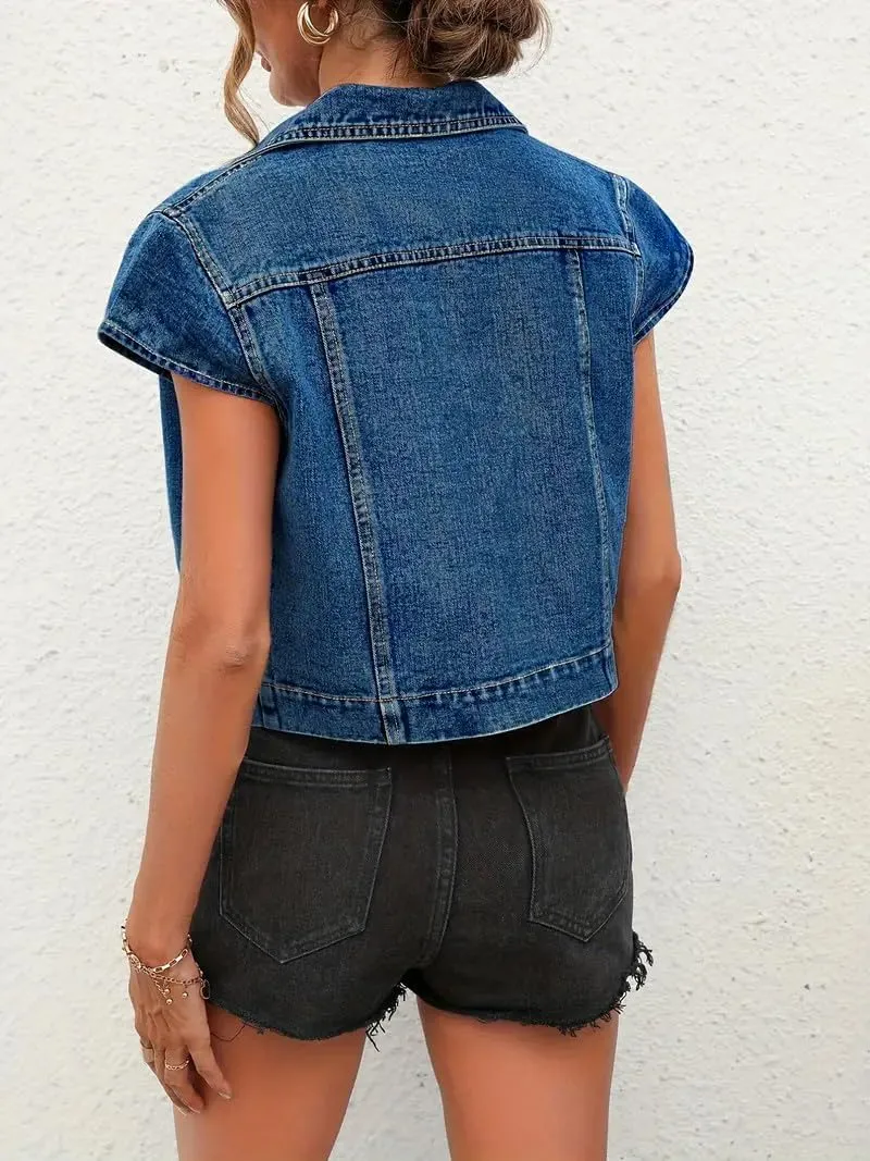 LifeShe Womens Vintage Denim Vest Button Down Short Sleeve Jean Waistcoat Jacket
