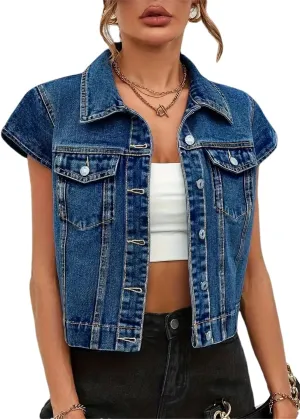 LifeShe Womens Vintage Denim Vest Button Down Short Sleeve Jean Waistcoat Jacket
