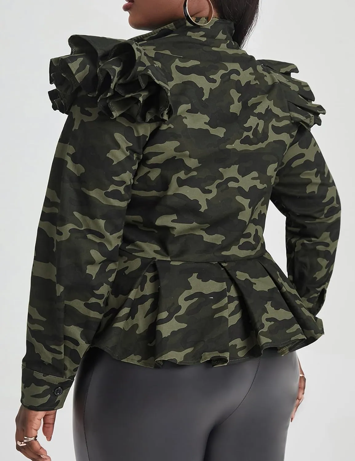 LifeShe Women's Zip up Ruffle Sleeve Peplum camo Jacket Blazers Camouflage Denim Jean Jackets