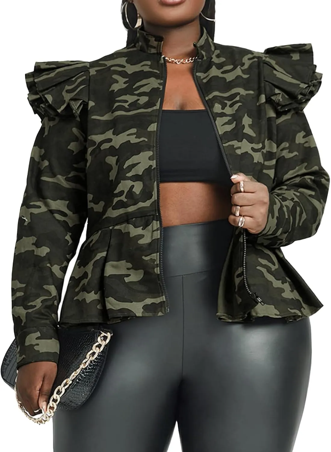 LifeShe Women's Zip up Ruffle Sleeve Peplum camo Jacket Blazers Camouflage Denim Jean Jackets