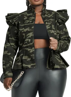 LifeShe Women's Zip up Ruffle Sleeve Peplum camo Jacket Blazers Camouflage Denim Jean Jackets