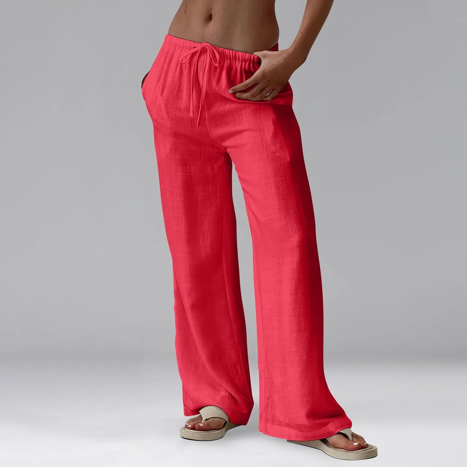 Linen Beach Pants Summer Palazzo Pants Drawstring High Waisted Trouser Pant Loose Wide Leg Trousers with Pockets