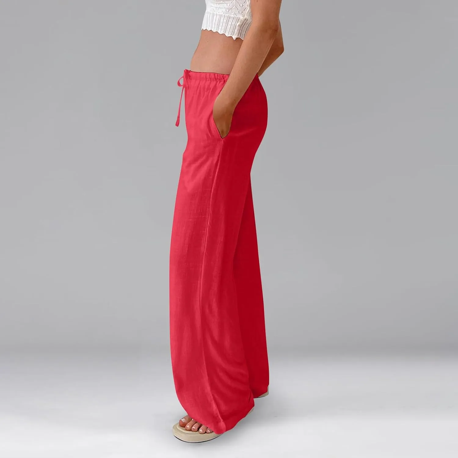 Linen Beach Pants Summer Palazzo Pants Drawstring High Waisted Trouser Pant Loose Wide Leg Trousers with Pockets