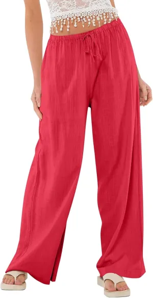 Linen Beach Pants Summer Palazzo Pants Drawstring High Waisted Trouser Pant Loose Wide Leg Trousers with Pockets