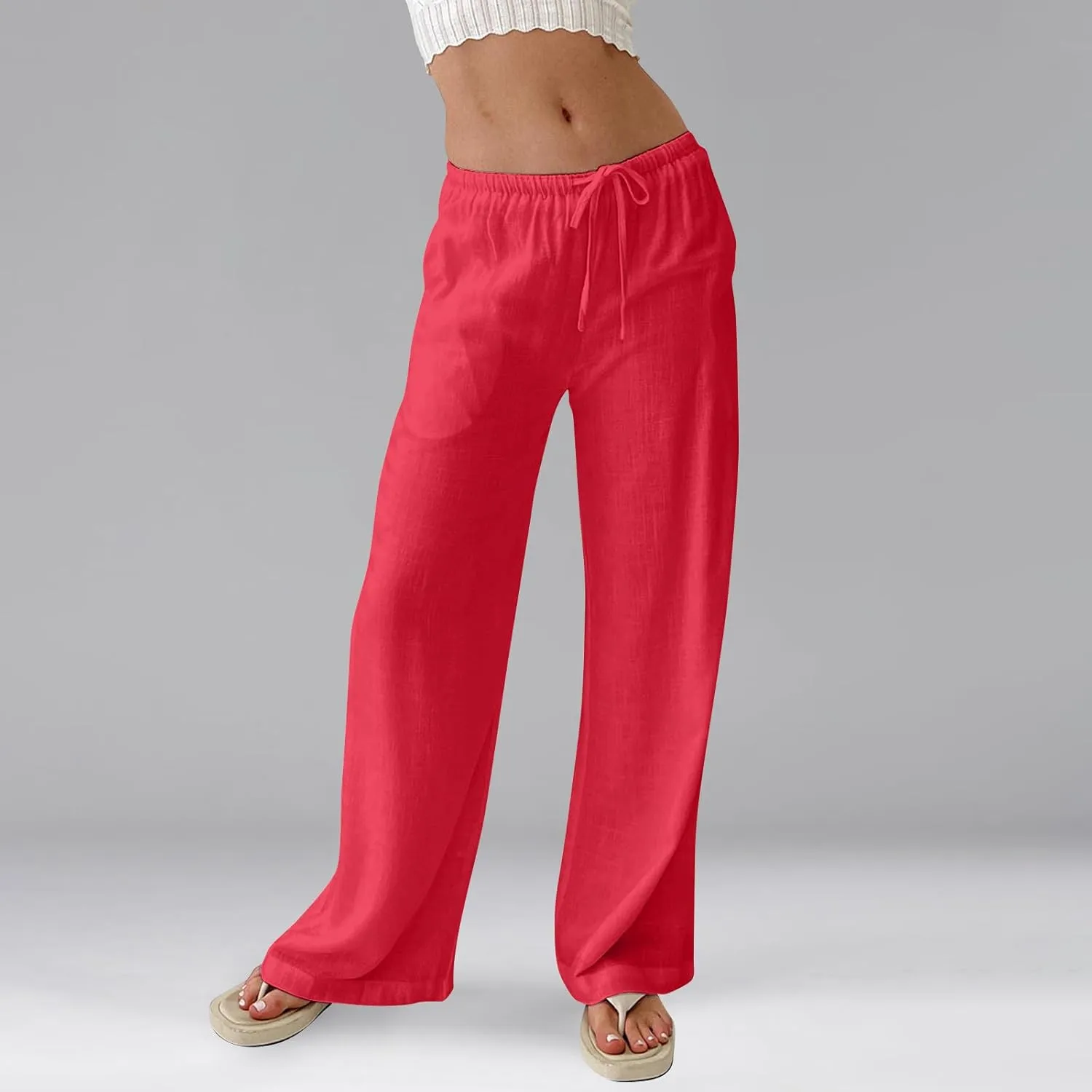 Linen Beach Pants Summer Palazzo Pants Drawstring High Waisted Trouser Pant Loose Wide Leg Trousers with Pockets