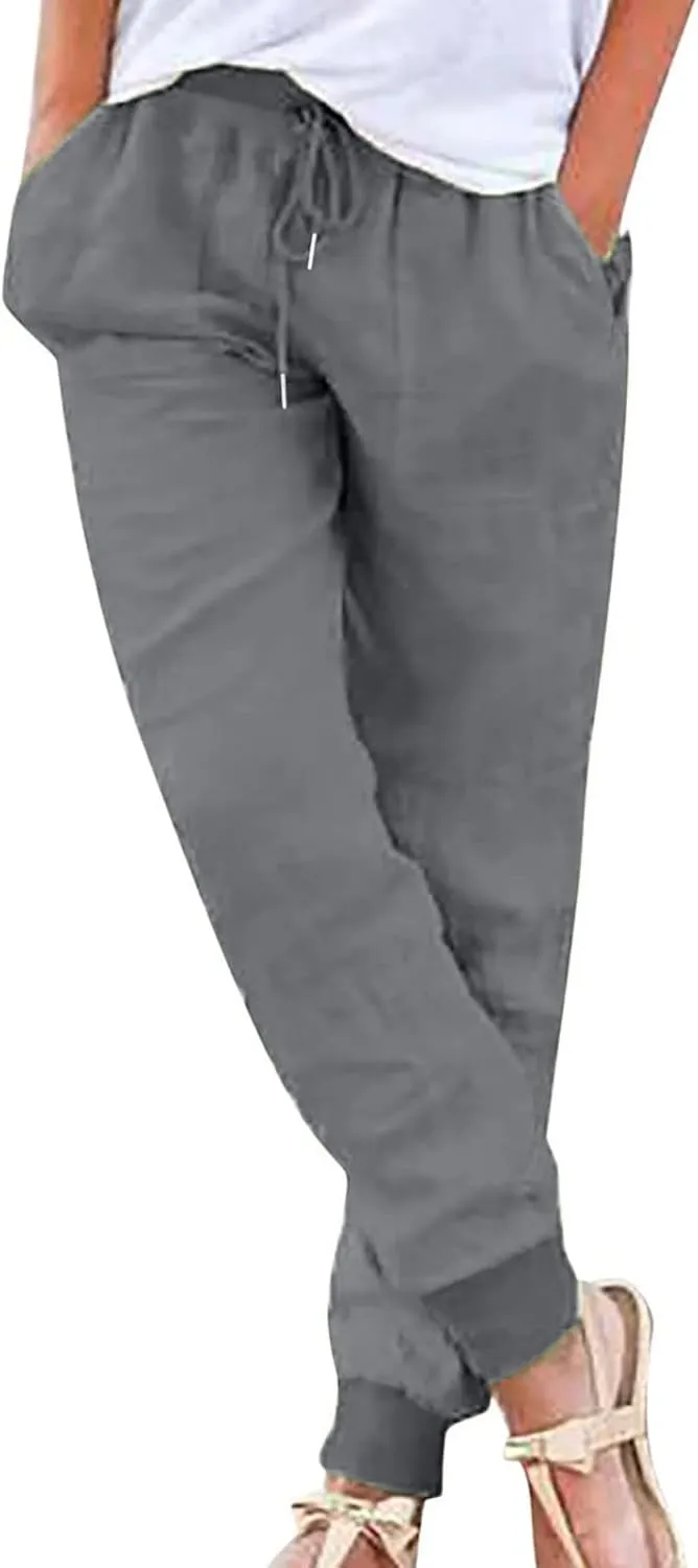 Linen Blend Pants for Women Plus Size Skinny Leg Trousers Elastic Waist Drawstring Pants Loose Fit Summer Pants
