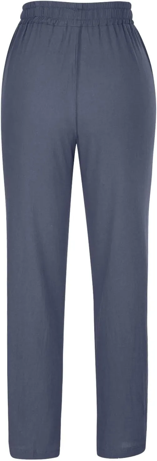 Linen Blend Pants for Women Plus Size Straight Leg Lounge Pants Elastic Waist Trousers Drawstring Vacation Pants