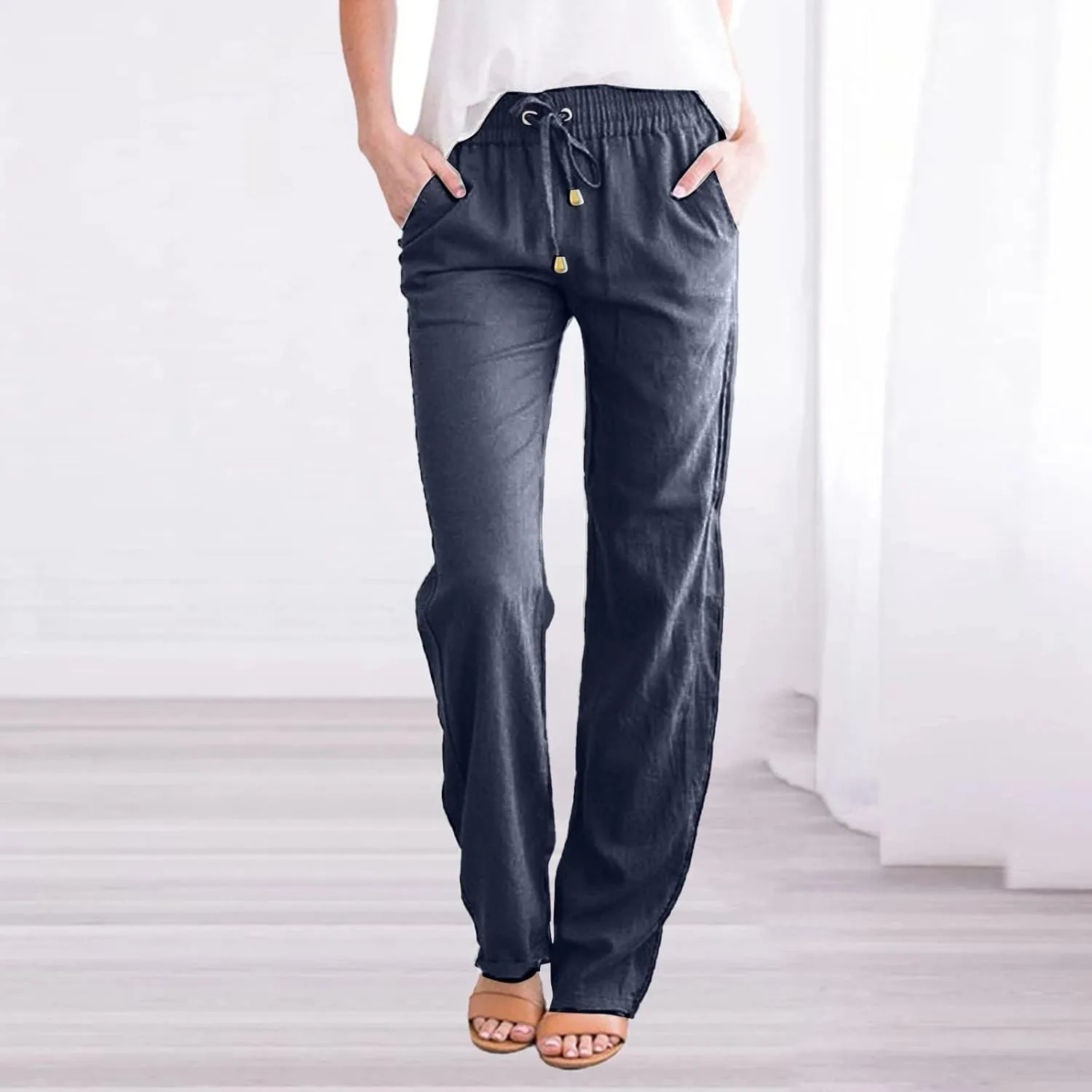 Linen Blend Pants for Women Plus Size Straight Leg Lounge Pants Elastic Waist Trousers Drawstring Vacation Pants