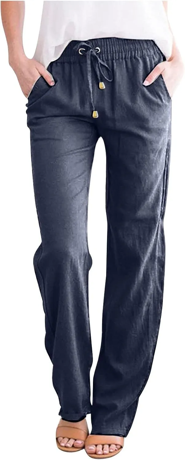 Linen Blend Pants for Women Plus Size Straight Leg Lounge Pants Elastic Waist Trousers Drawstring Vacation Pants