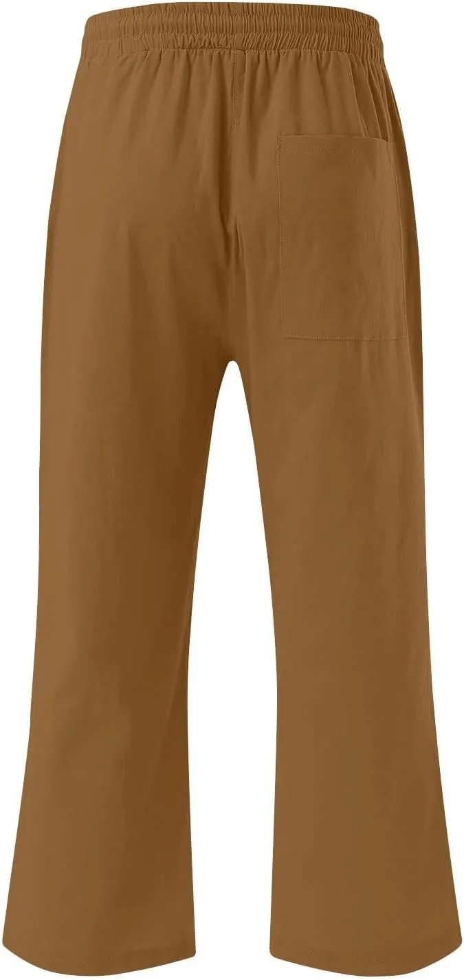 Linen Capri Pants for Women Summer Beach Straight Wide Leg Cropped Trouser Elastic Waist Drawstring Casual Pants