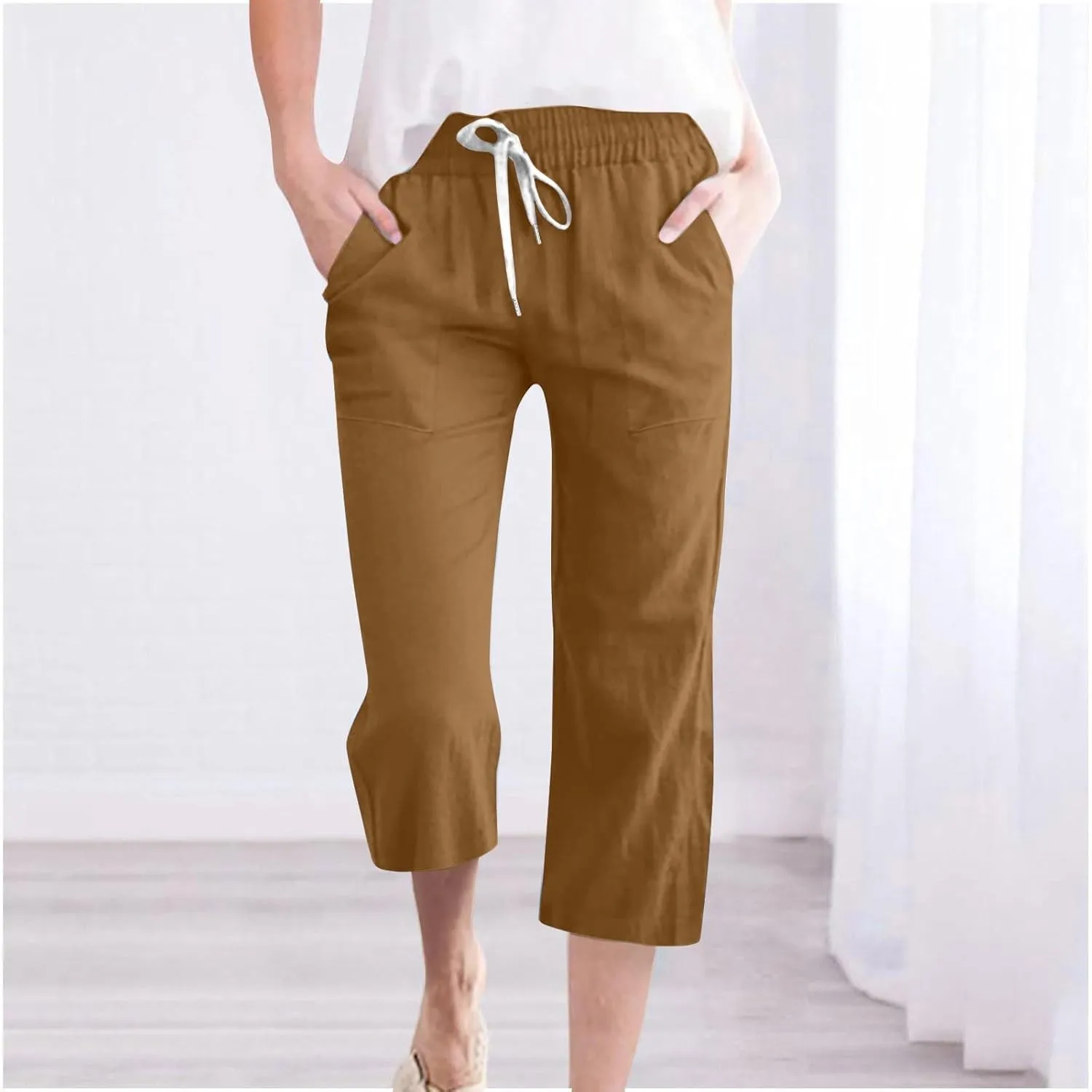 Linen Capri Pants for Women Summer Beach Straight Wide Leg Cropped Trouser Elastic Waist Drawstring Casual Pants