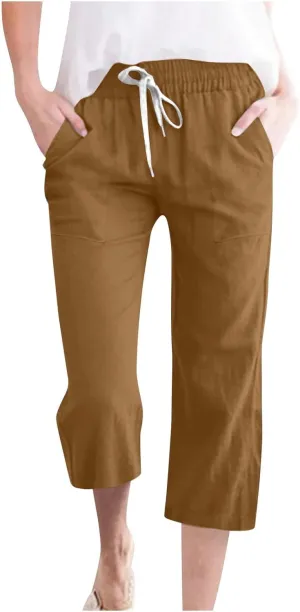 Linen Capri Pants for Women Summer Beach Straight Wide Leg Cropped Trouser Elastic Waist Drawstring Casual Pants
