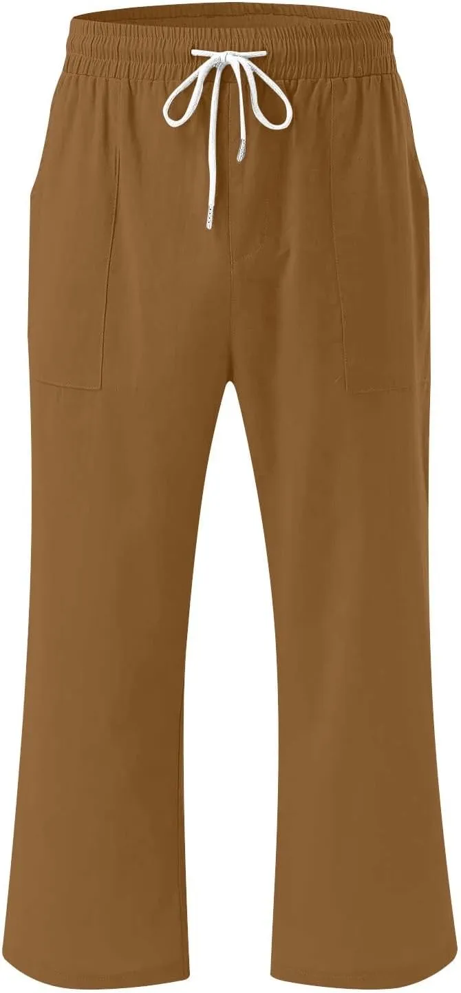 Linen Capri Pants for Women Summer Beach Straight Wide Leg Cropped Trouser Elastic Waist Drawstring Casual Pants