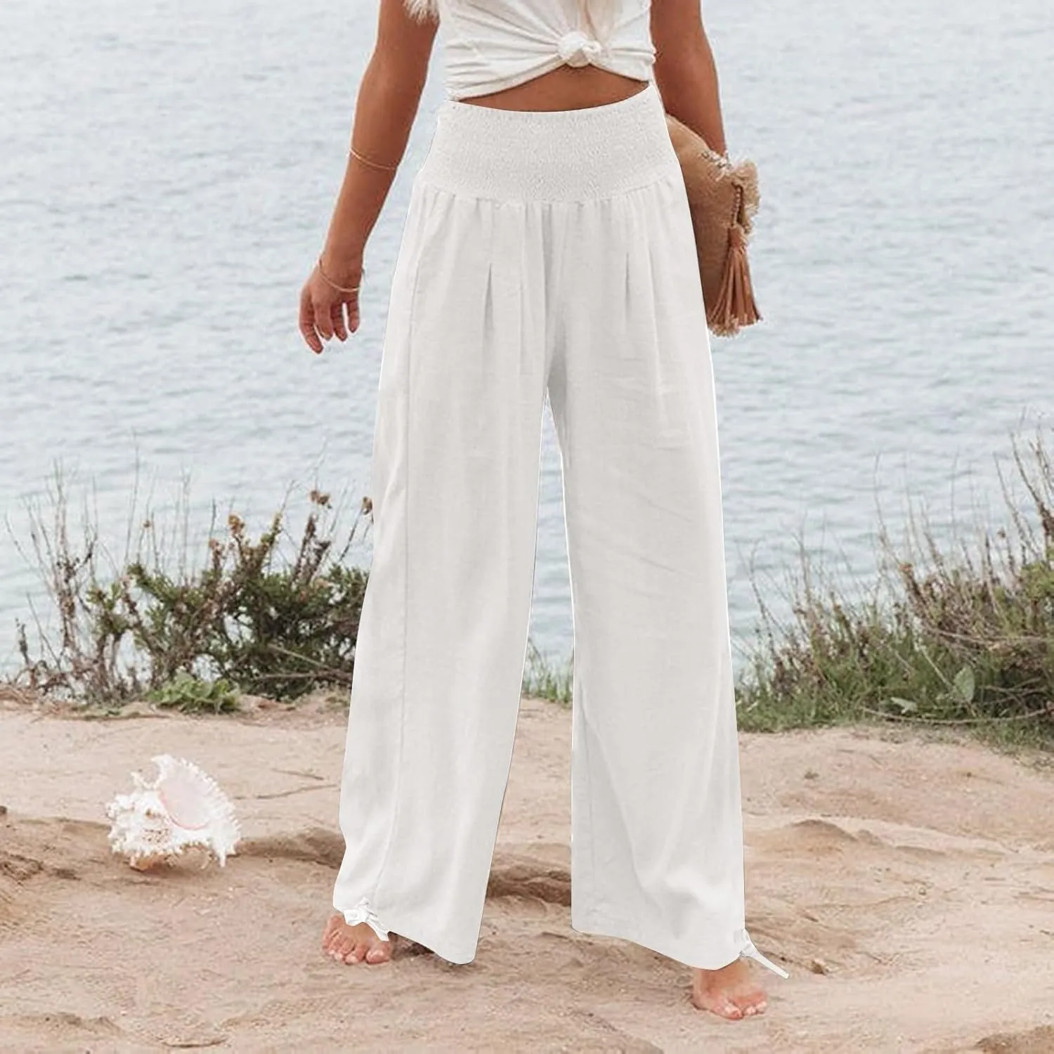 Linen Palazzo Pants for Women Plus Size Baggy Trousers with Pockets High Waist Straight Wide Leg Pants Casual Pants