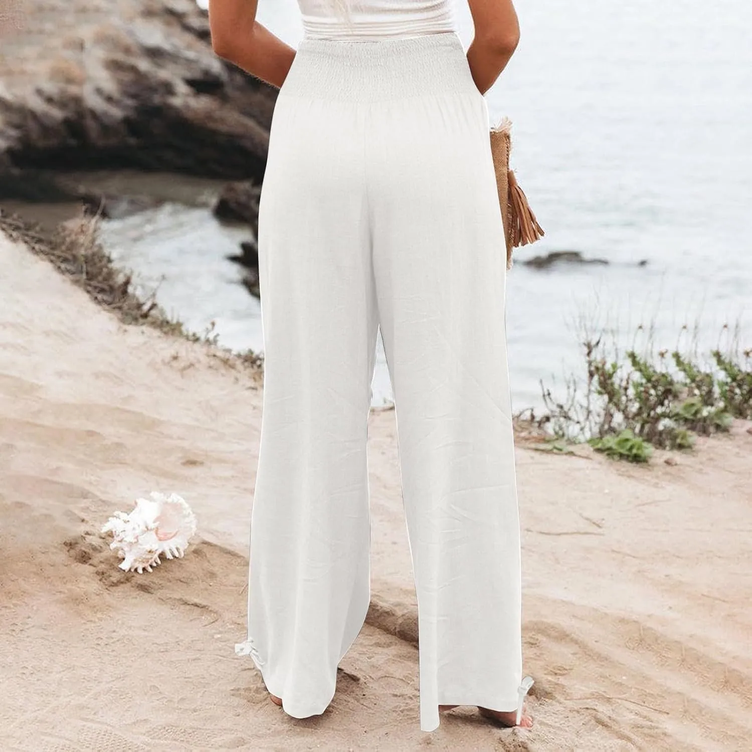 Linen Palazzo Pants for Women Plus Size Baggy Trousers with Pockets High Waist Straight Wide Leg Pants Casual Pants