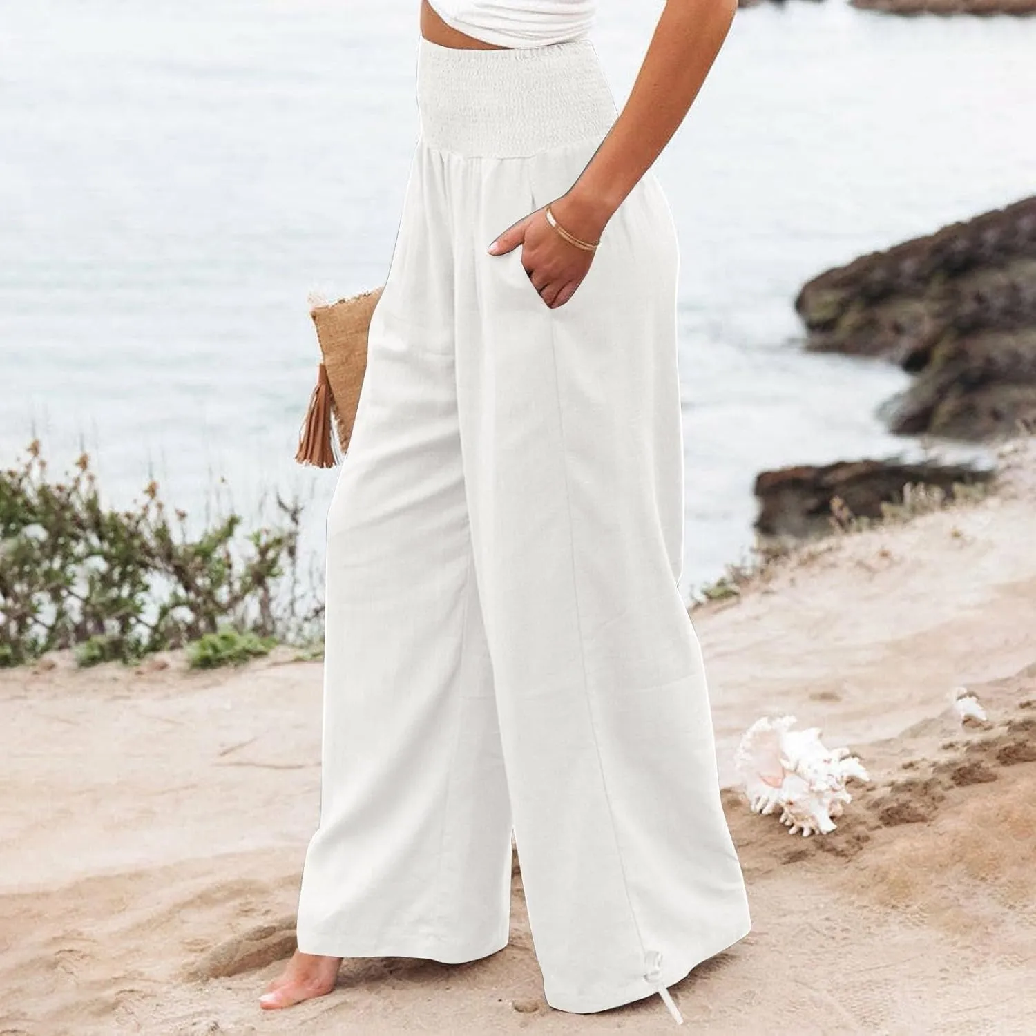 Linen Palazzo Pants for Women Plus Size Baggy Trousers with Pockets High Waist Straight Wide Leg Pants Casual Pants