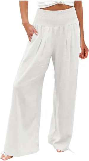 Linen Palazzo Pants for Women Plus Size Baggy Trousers with Pockets High Waist Straight Wide Leg Pants Casual Pants