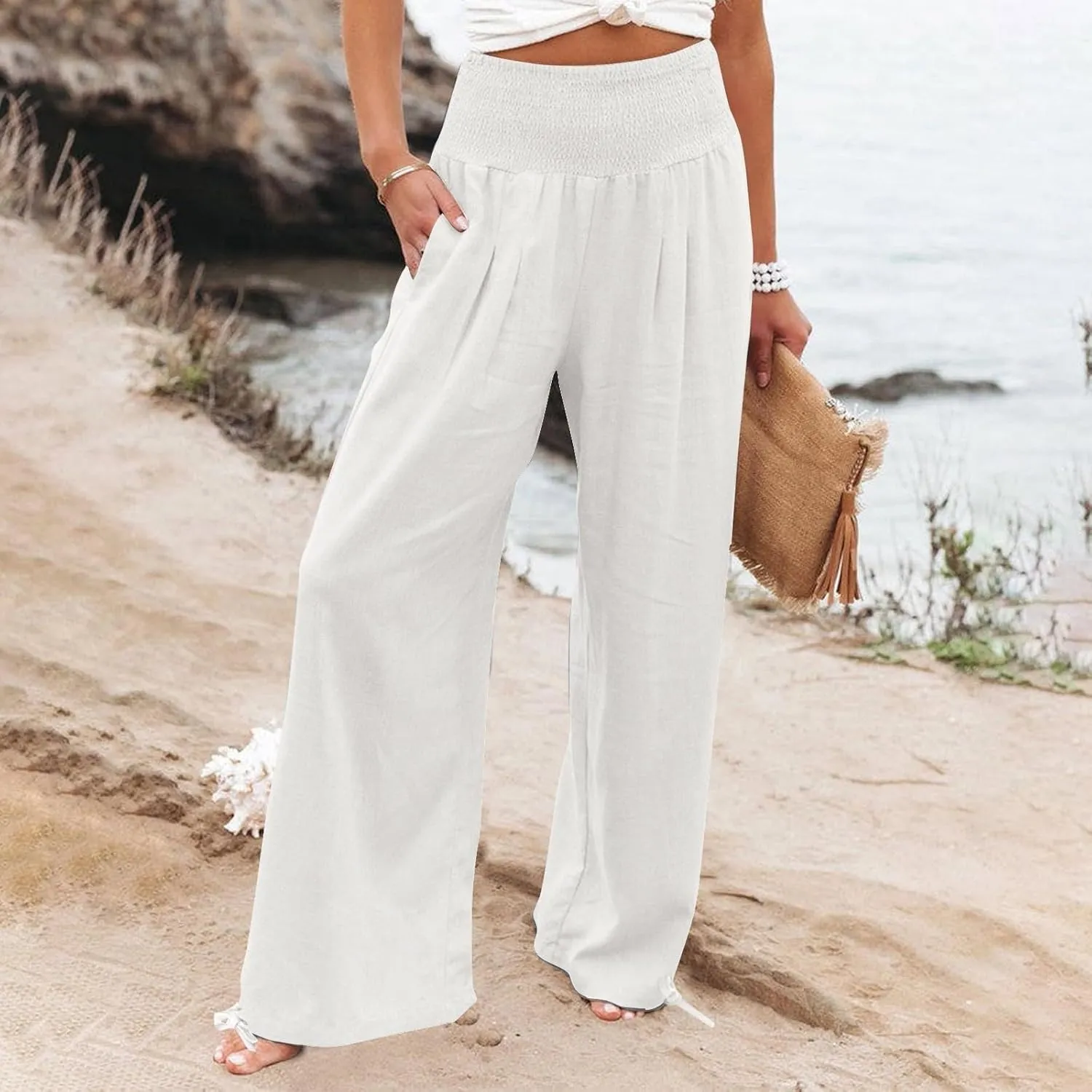 Linen Palazzo Pants for Women Plus Size Baggy Trousers with Pockets High Waist Straight Wide Leg Pants Casual Pants
