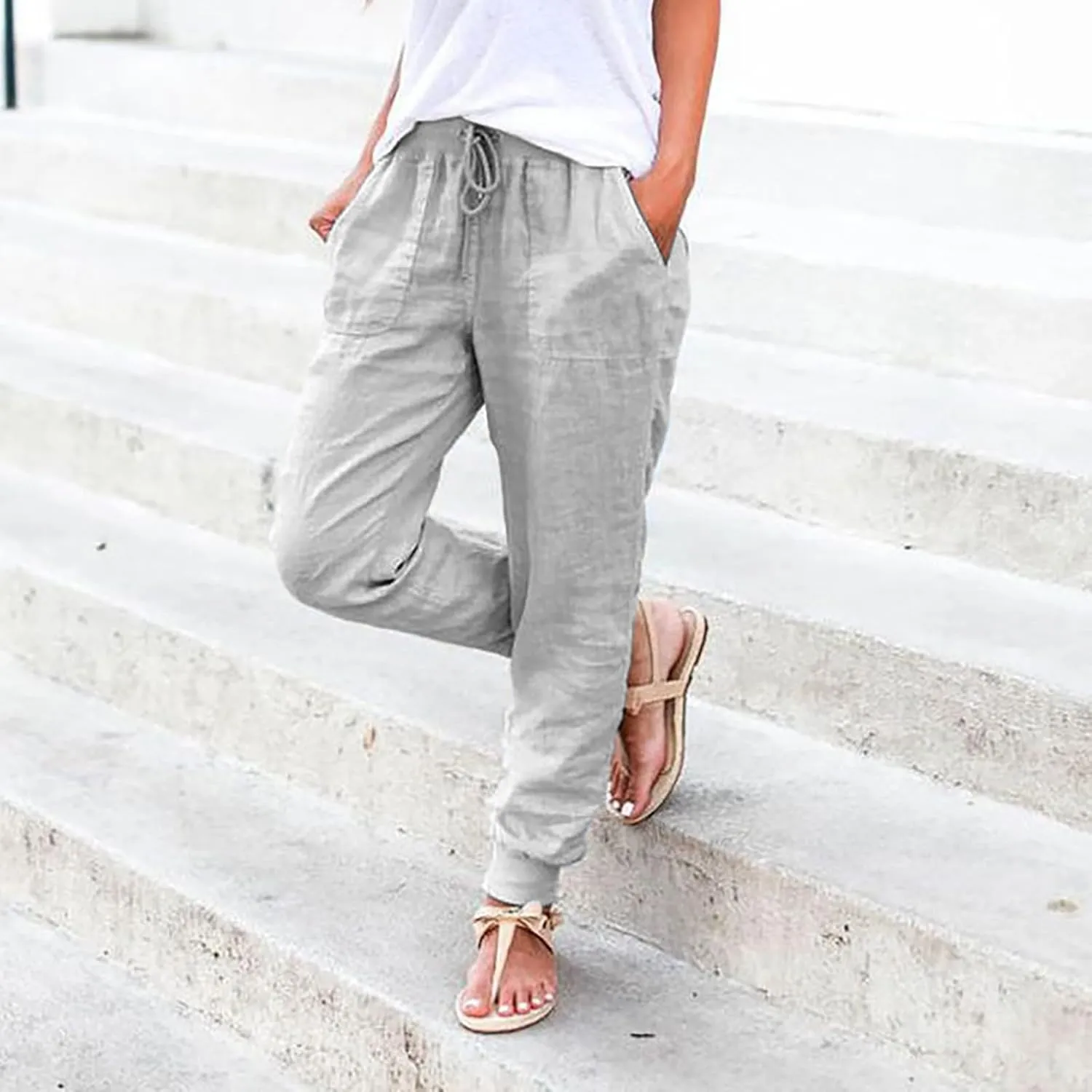 Linen Pants for Women 2025 Summer High Waist Straight Leg Lounge Pant Casual Loose Lightweight Beach Trousers with
