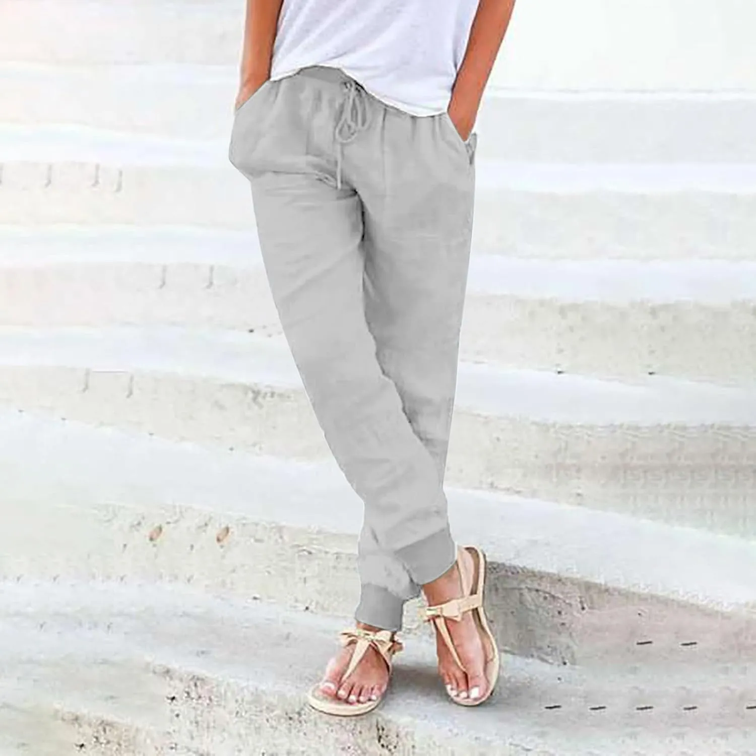 Linen Pants for Women 2025 Summer High Waist Straight Leg Lounge Pant Casual Loose Lightweight Beach Trousers with