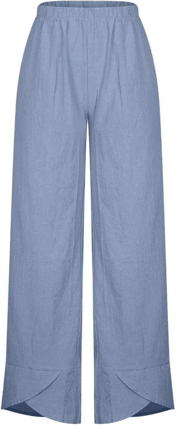 Linen Pants for Women Casual Summer Elastic Waist Pants Trousers with Pockets Beach Lightweight Capri Pants