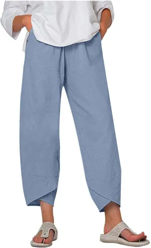Linen Pants for Women Casual Summer Elastic Waist Pants Trousers with Pockets Beach Lightweight Capri Pants
