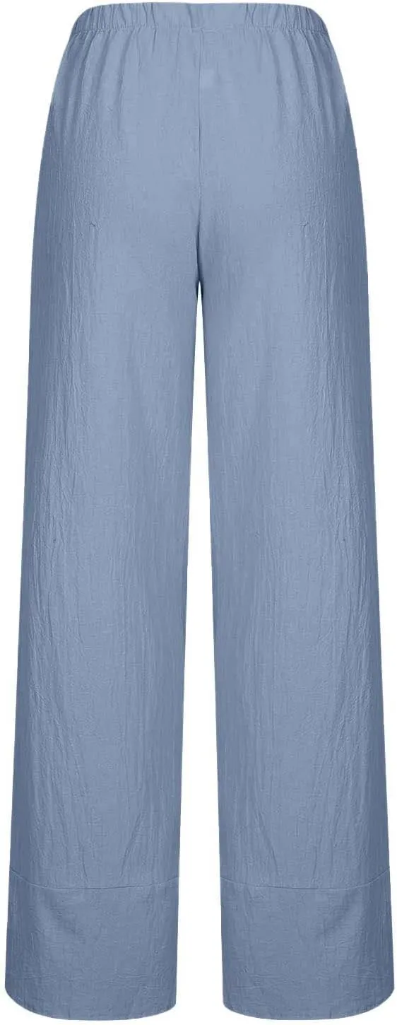 Linen Pants for Women Casual Summer Elastic Waist Pants Trousers with Pockets Beach Lightweight Capri Pants