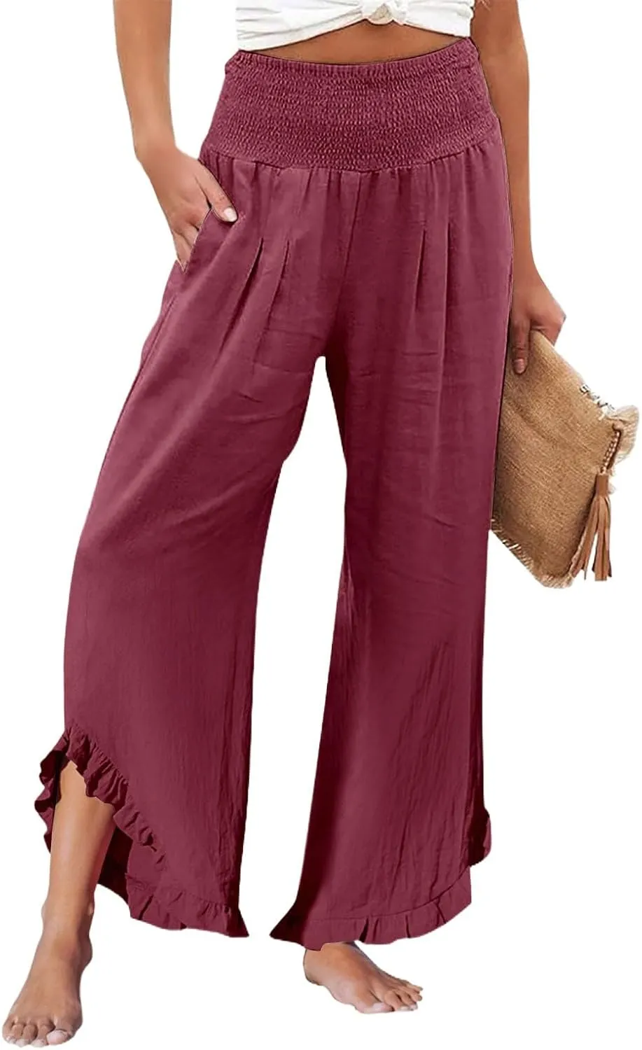 Linen Pants for Women High Waisted Smocked Ruffle Hem Wide Leg Palazzo Pants Summer Casual Loose Beach Pants Pocket
