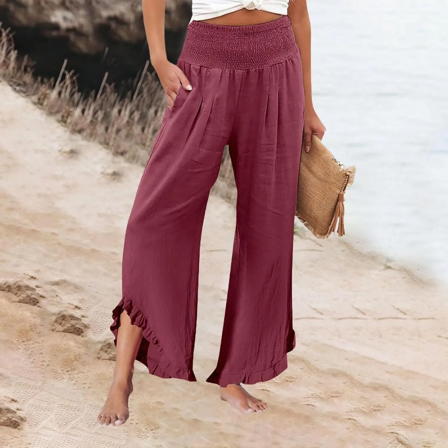 Linen Pants for Women High Waisted Smocked Ruffle Hem Wide Leg Palazzo Pants Summer Casual Loose Beach Pants Pocket