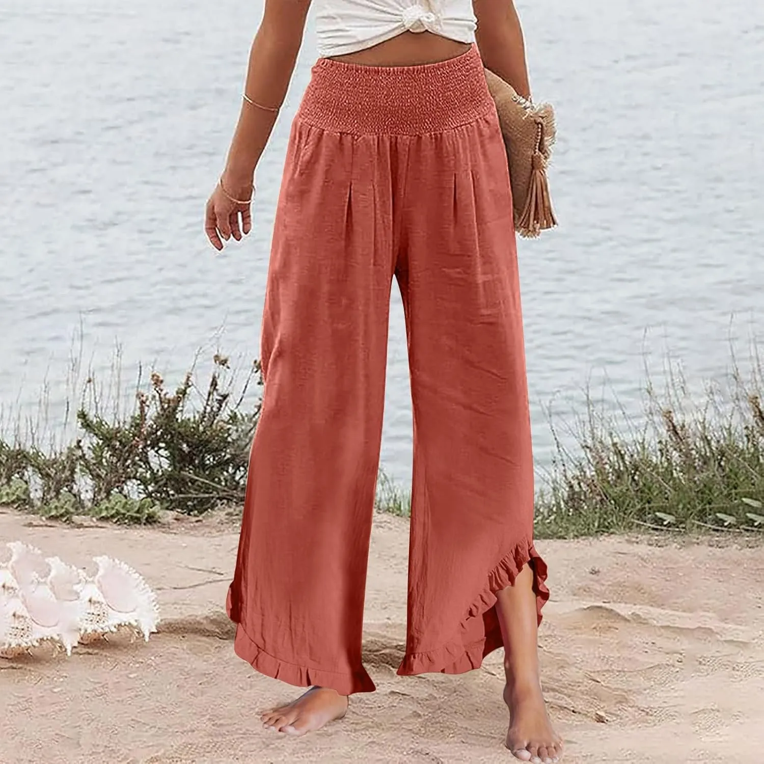 Linen Pants for Women High Waisted Smocked Ruffle Hem Wide Leg Palazzo Pants Summer Casual Loose Beach Pants Pocket