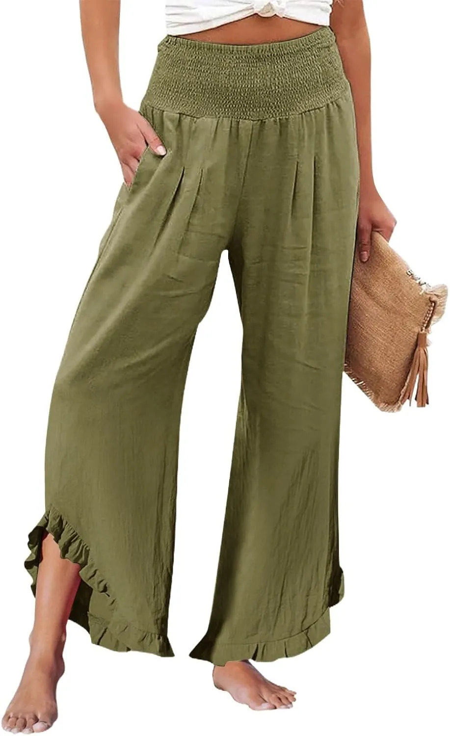 Linen Pants for Women High Waisted Smocked Ruffle Hem Wide Leg Palazzo Pants Summer Casual Loose Beach Pants Pocket