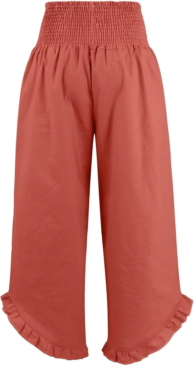 Linen Pants for Women High Waisted Smocked Ruffle Hem Wide Leg Palazzo Pants Summer Casual Loose Beach Pants Pocket