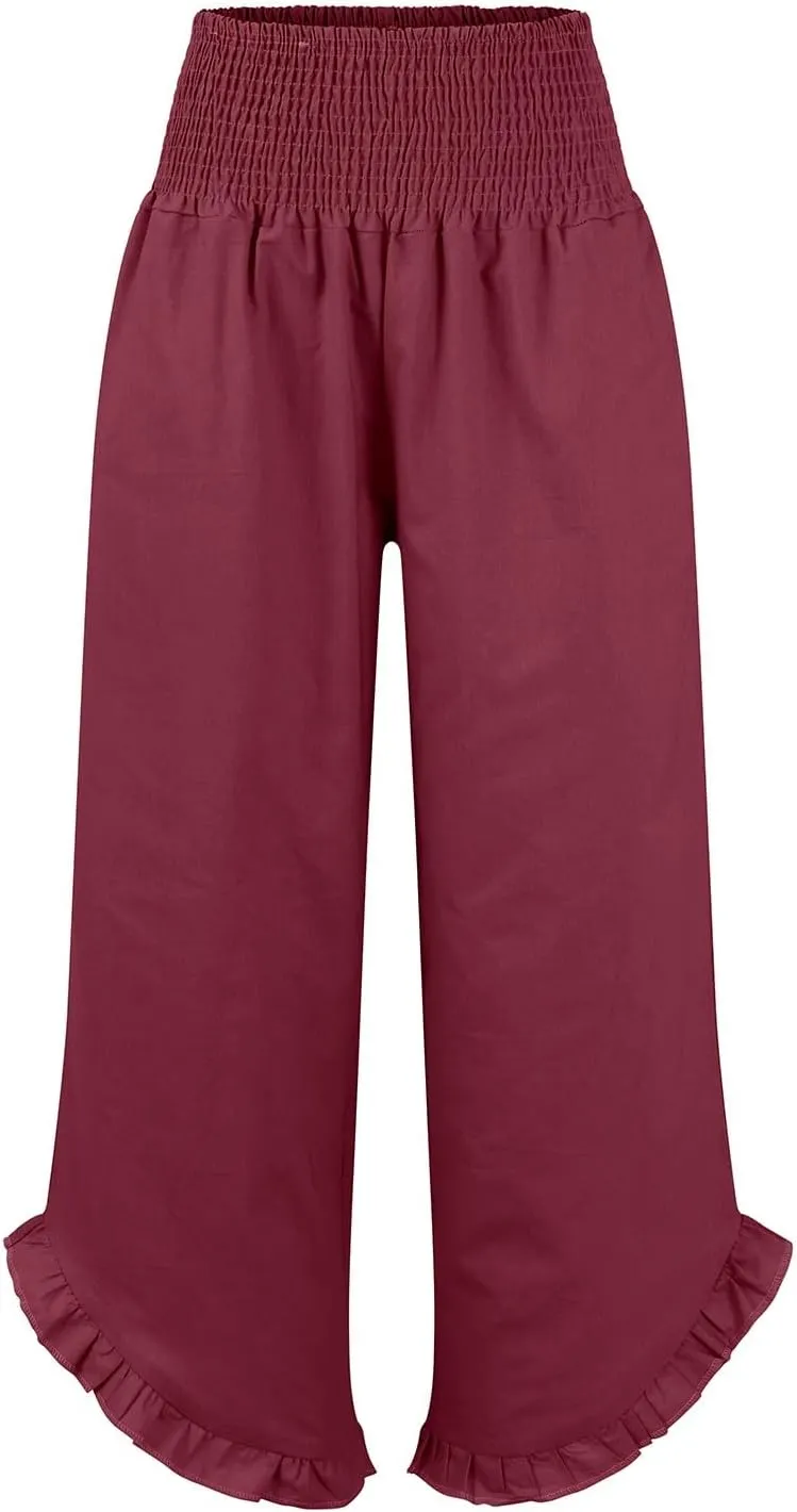 Linen Pants for Women High Waisted Smocked Ruffle Hem Wide Leg Palazzo Pants Summer Casual Loose Beach Pants Pocket